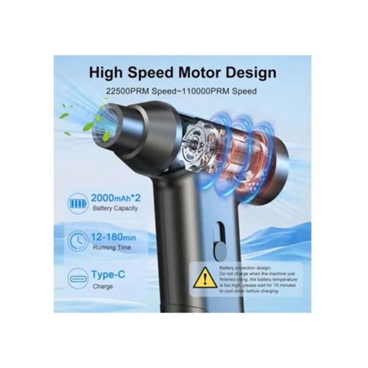 Mini autós porszívó, 110.000 RPM, újratölthető, légfúvó