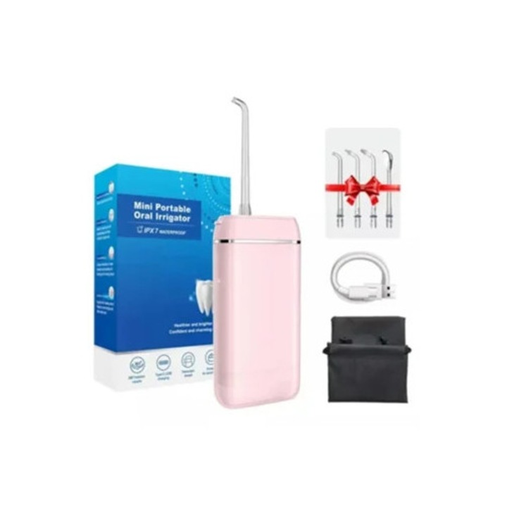 Hordozható szájzuhany, 3 üzemmód, 140 ml-es tartály, 4 fúvóka, rózsaszín