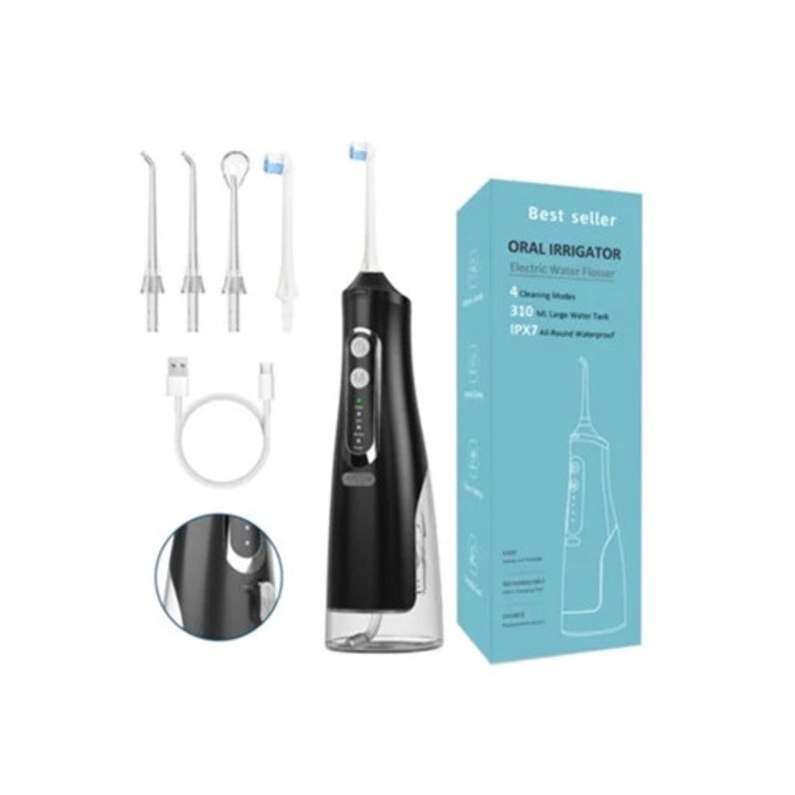 Hordozható szájzuhany, 310 ml, 4 fúvóka, 4 sebességfokozat, USB-ről tölthető, rózsaszín