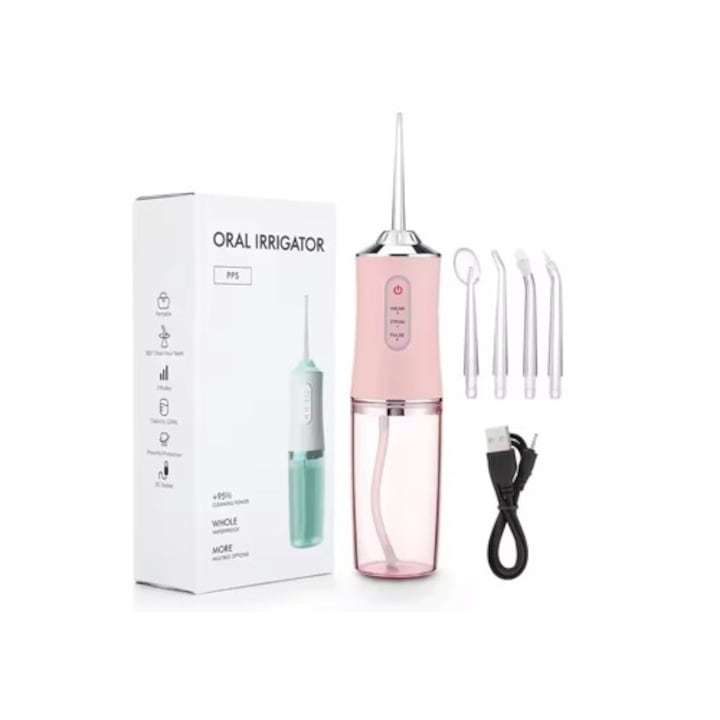 Hordozható elektromos szájzuhany, rózsaszín, 4 fúvóka