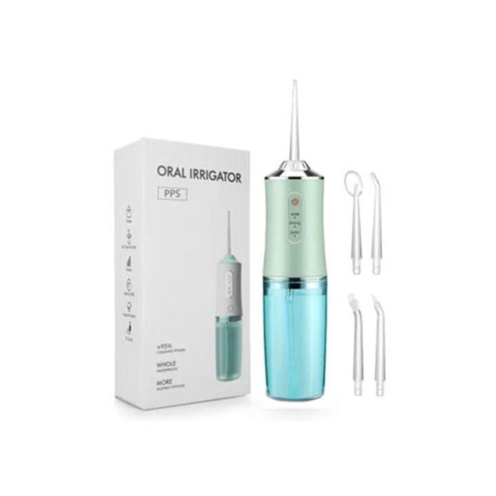 Irigator bucal electric portabil 3 viteze, 220ml, verde deschis