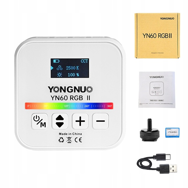 Yongnuo YN60 RGB II LED lámpa, RGB és CCT 2500-9900 K, 2000 mAh akkumulátor, OLED, 1/4 menetes rögzítés, Fehér, 66x66x19.6 mm