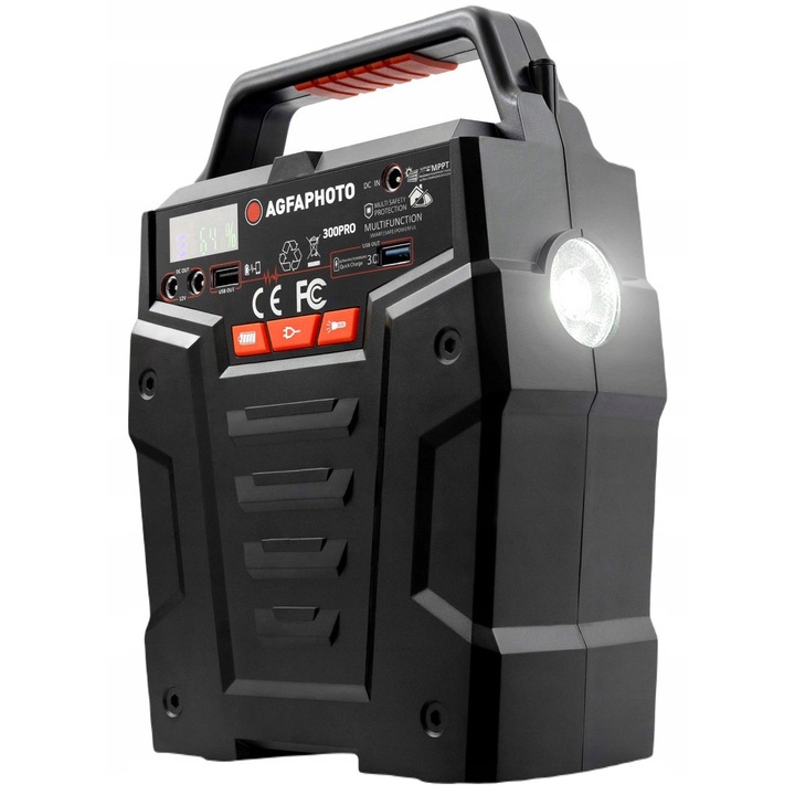 Statie de alimentare portabila AgfaPhoto POWERCUBE 300PRO, 88,8 Wh, 80W (120W max), lampa LED 4 moduri, Quick Charge 3.0 si USB-C PD, Negru