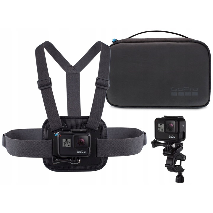 Комплект аксесоари GoPro, компактен калъф, стойка за кормило/седалка, колан за гърди, 20x13x6см