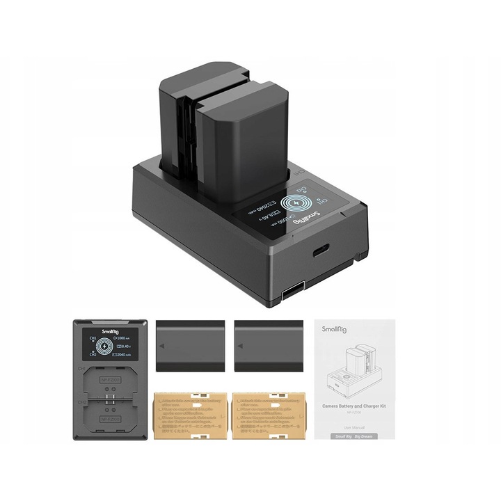 Set 2x acumulatori NP-FZ100 si incarcator SmallRig, 1030mAh, 7,4V, USB-A/USB-C