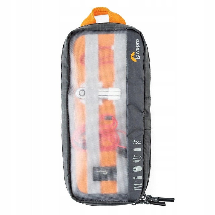 Органайзер Lowepro GearUp Pouch Medium, модулен, панел с еластични ленти и прозрачен прозорец, устойчив на надраскване, двоен цип, сив/оранжев, 28 x 4.5 x 14 см
