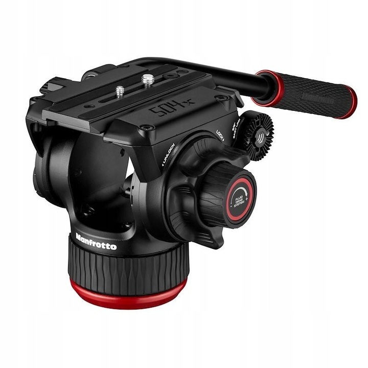 Видео глава Manfrotto 504X, система Fluid Drag с регулиране, система за противотежест 4 степени, плоска основа с EasyLink, капацитет 12 кг, черен/червен