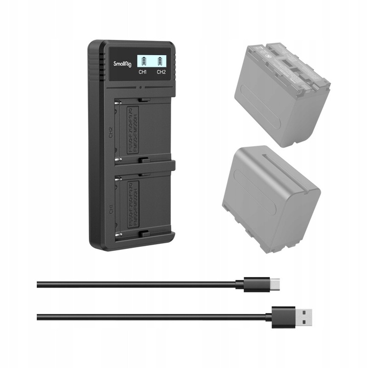 Incarcator dublu SmallRig NP-F970 NP-F770 NP-F570 cu ecran LCD, USB-C, negru