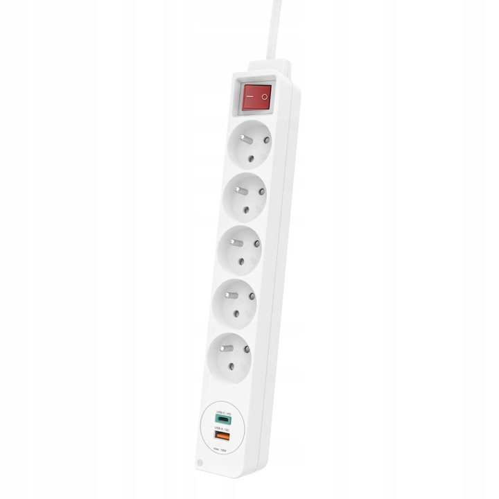 Prelungitor electric Hama 5 prize cu impamantare, USB-C + USB-A, Power Delivery si Quick Charge 3.0, Alb, 1,4 m