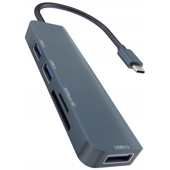 USB хъб Newell 5 в 1, 3 USB-A порта, 2 четеца за SD/micro SD карти, сив