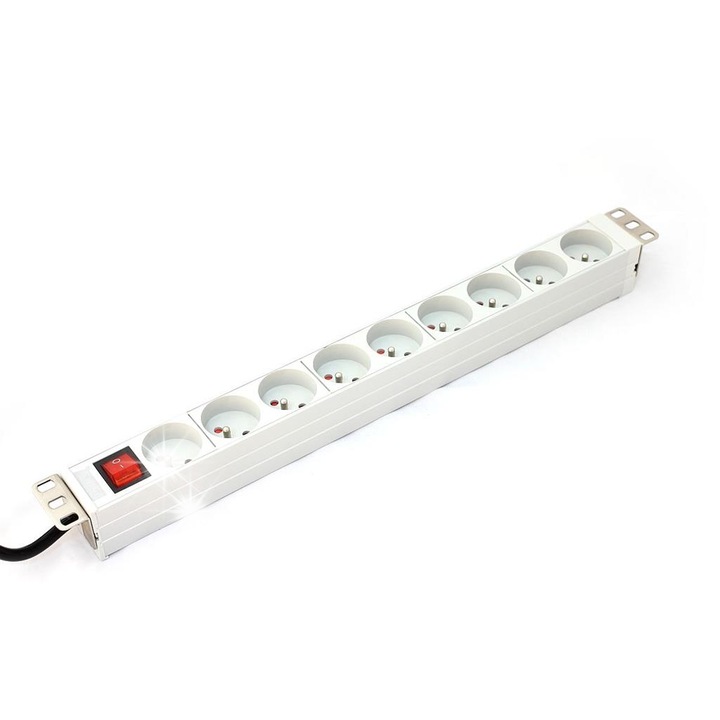 PDU elosztó 19'' RACK 9 aljzat, 2m, fehér, 1U, szerelőkészlet