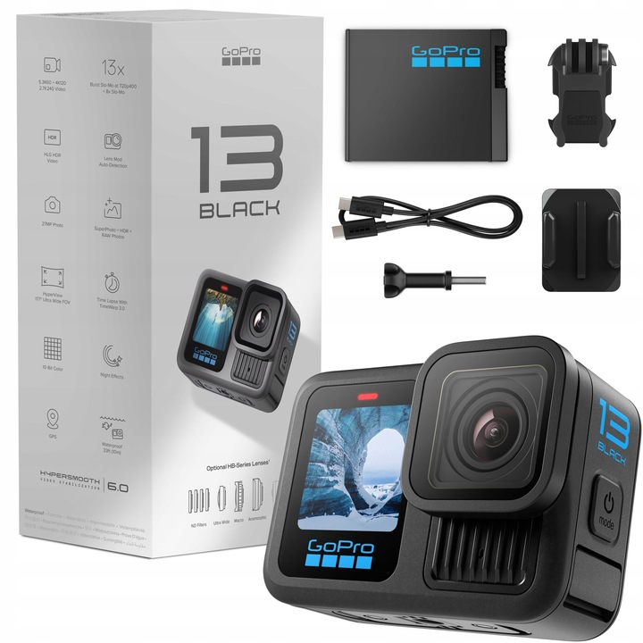 Екшън камера GoPro HERO 13 Black, 5.3K, 27 MP, водоустойчива, пълен комплект