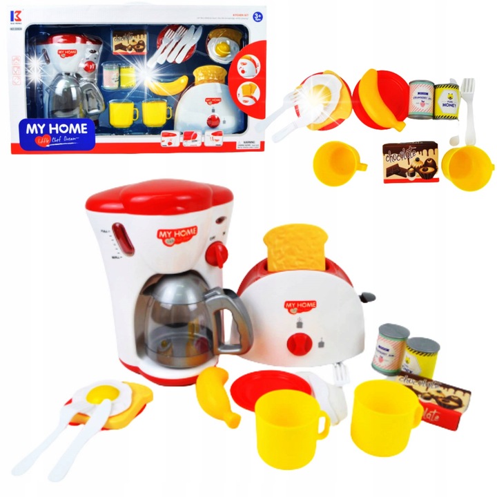 Set bucatarie copii, Maksik, espressor de cafea, toaster, 2 cuburi, 2 farfurii, accesorii, multicolor, 3+