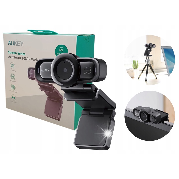 Уеб камера AUKEY PC-LM3, Full HD 1920x1080p, автофокус, 2 стерео микрофона, черна, включен комплект