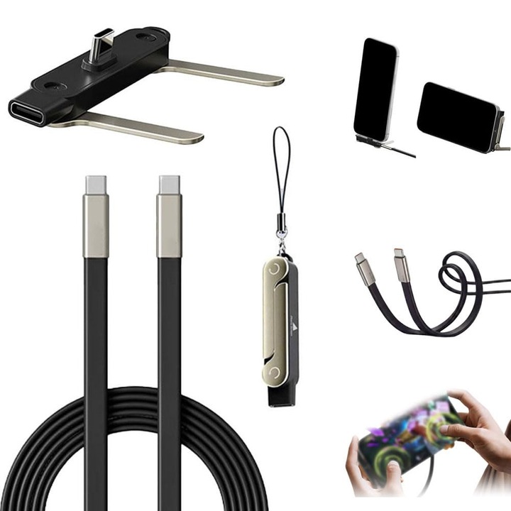 Cablu de incarcare rapida 2 in 1 cu suport pentru telefon, Type-C, 240W, negru, 1, 5m, set cablu de date, Cu suport detasabil