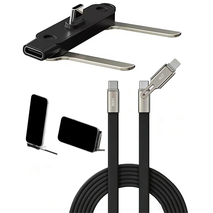 2 az 1-ben gyorstöltő kábel telefontartóval, levehető tartóval, Type-C TO Type-C+LIGHTNING, fekete, 1,5m, adatkábel szett, Levehető tartóval
