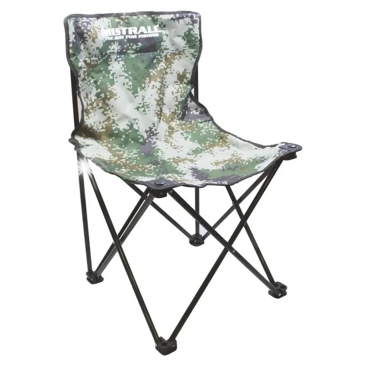 Scaun de pescuit Mistrall, model cu spatar, camuflaj pixelat, dimensiuni 36x40cm, inaltime 38cm, marime M