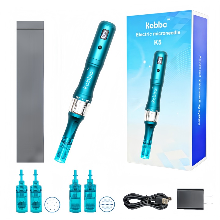 Kobbo K5 arcmasszírozó készülék, Professzionális mikrotűs kezelés, 0-2.5 mm, 2 db 11 tűs és 2 db 36 tűs patron, Zöld