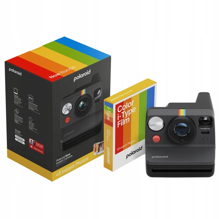 Aparat foto instant Polaroid Now Gen 3, negru, set cu 8 filme colorate, autofocus, dimensiuni 15,02x11,22x9,6cm