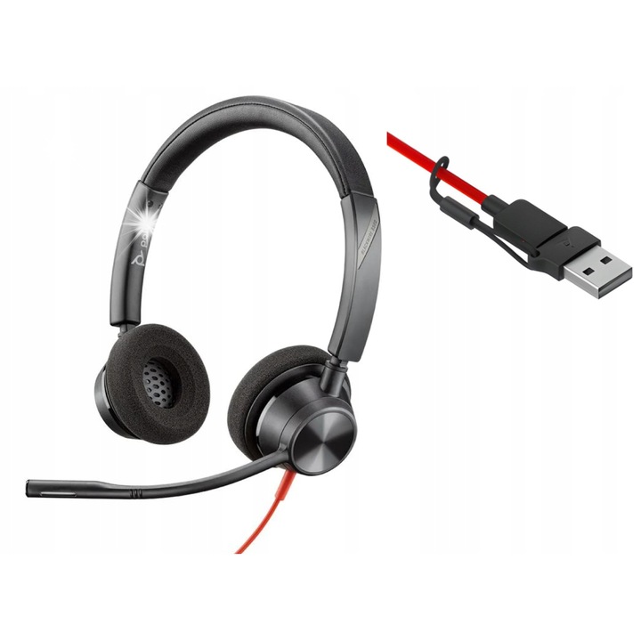 Casti PC Poly Blackwire 3320 Stereo USB-C/A, Dynamic EQ, SoundGuard, negru