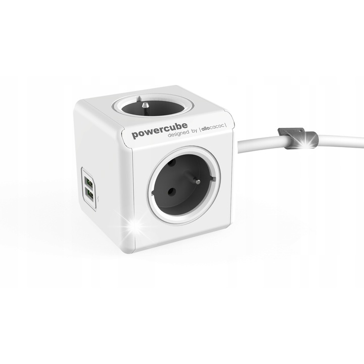 Allocacoc PowerCube Extended USB hosszabbító 1,5m, szürke, rögzítő rendszer, 2 USB port
