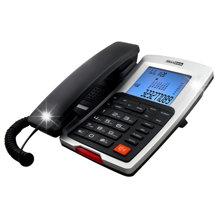 Telefon fix Maxcom KXT 709, alb/negru, 16 melodii, afisaj iluminat ...