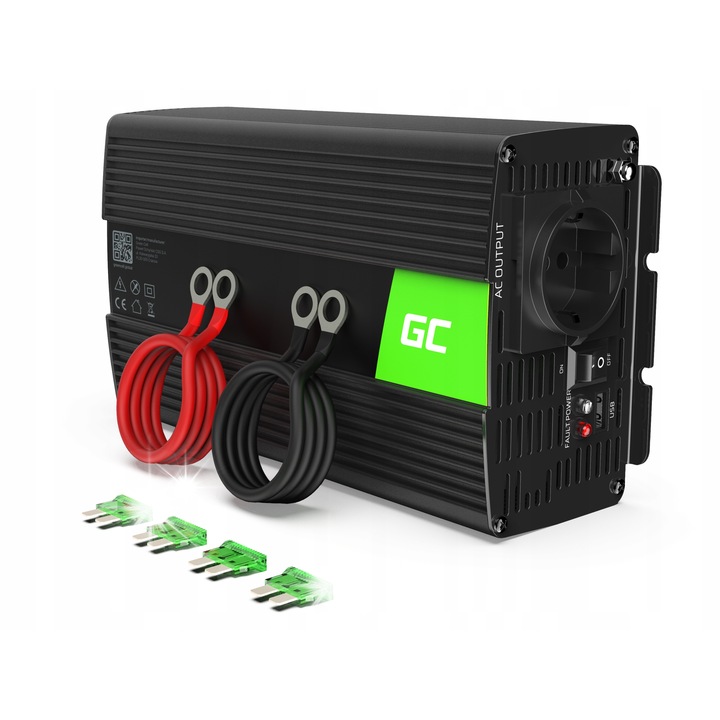 Inverter auto Green Cell 12V la 230V 1000W/2000W, modyficata, cu port USB, dimensiuni compacte