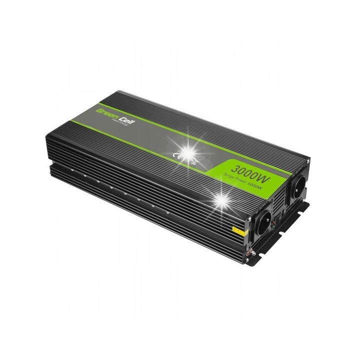 Green Cell 12V/230V 3000W, 6000W inverter autóba, fekete, 37x20.9x9.3cm