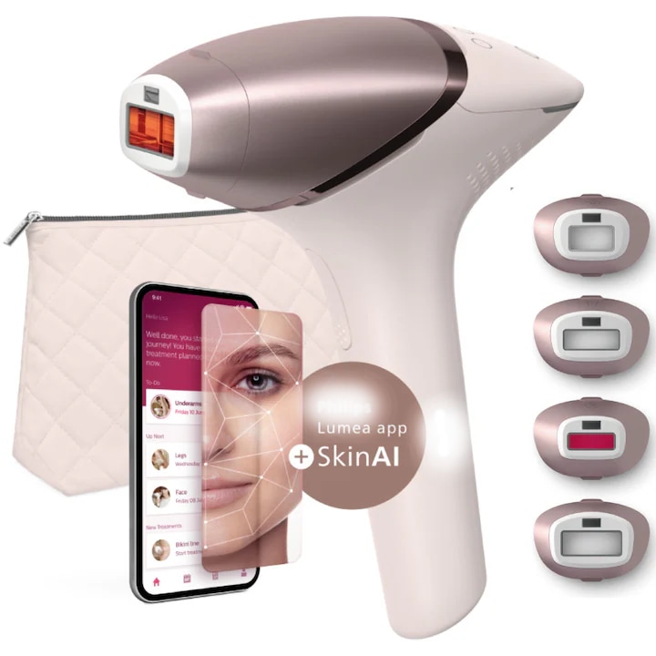 Епилатор IPL Signify Lumea 9900, SkinAI технология, 4 приставки, кабелна и безжична употреба, розово злато