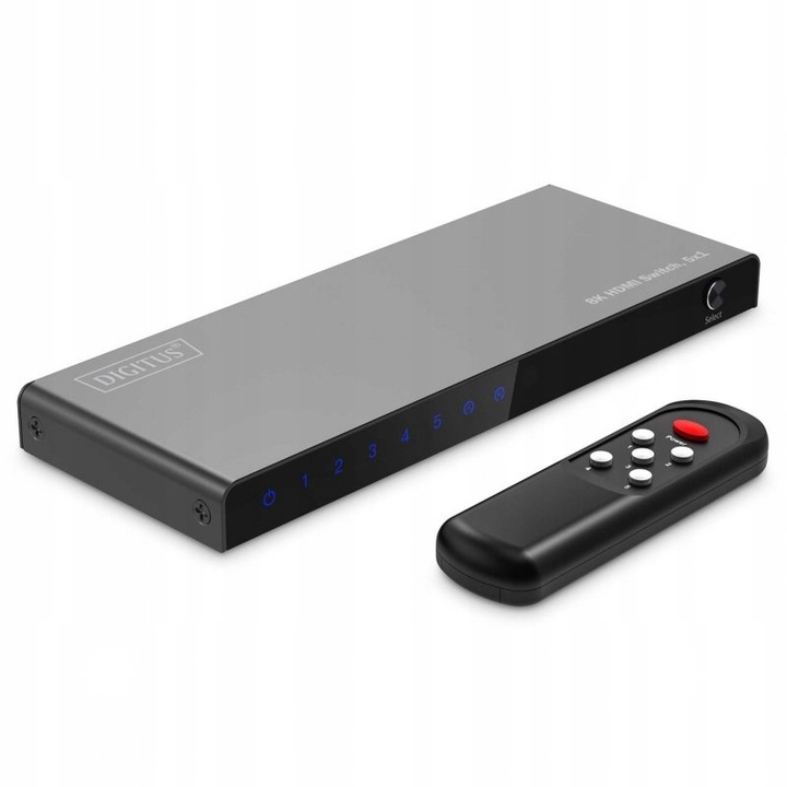 HDMI kapcsoló 5x1, Digitus, 8K/60Hz, HDR, 48 Gbps, fekete, 16x6.2x1.4cm