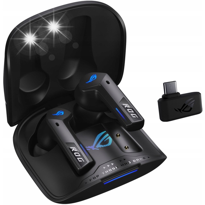 Asus ROG Cetra True Wireless gaming fülhallgató, Bluetooth/2,4 GHz, adaptív ANC, fekete, teljes készlet