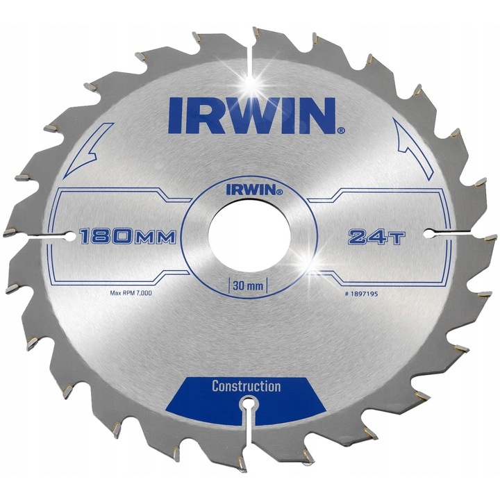 Циркулярен диск за дърво 180 мм, 24 зъба, ATB, Irwin, 30 мм, 2,5 мм