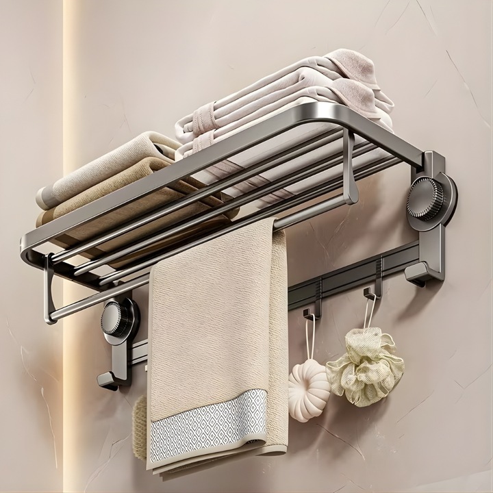 Suport Prosoape Pentru Baie Topaqua® Towel Master, Prindere Fara Gauri, Metalic, Ventuze Puternice, Pliabil, 7 Agatatori, 60 cm, Gri Inchis