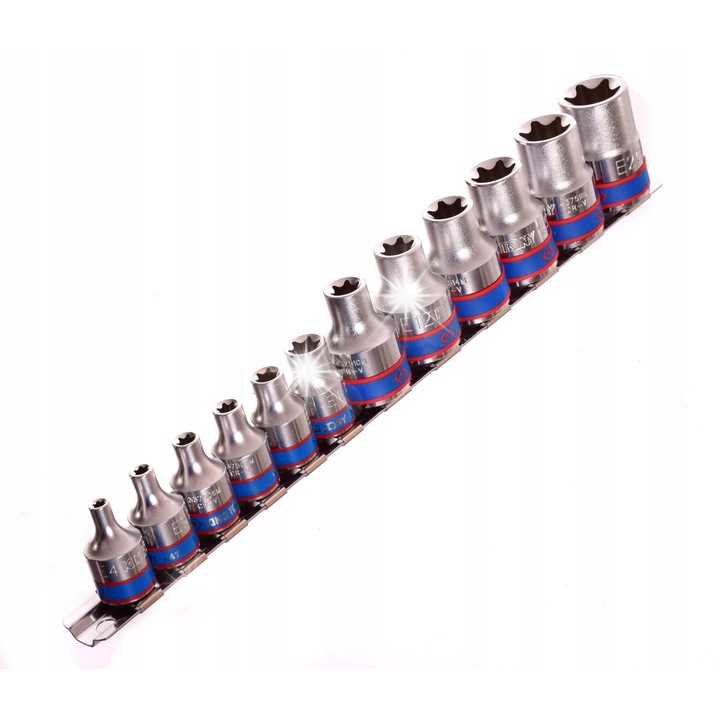 Set chei nasada TORX 1/2" si 3/8", 12 piese, E4-E20, cromat, cu suport metalic