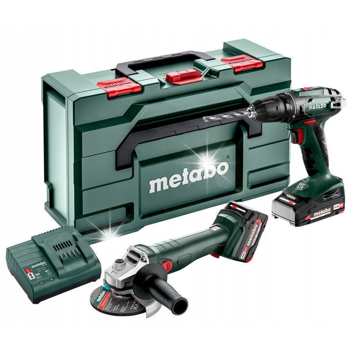 Комплект винтоверт и ъглошлайф Metabo, 18V BS 18 + W 18 L 9-125, 2 батерии Li-Power 2,0 Ah, 1,6 кг