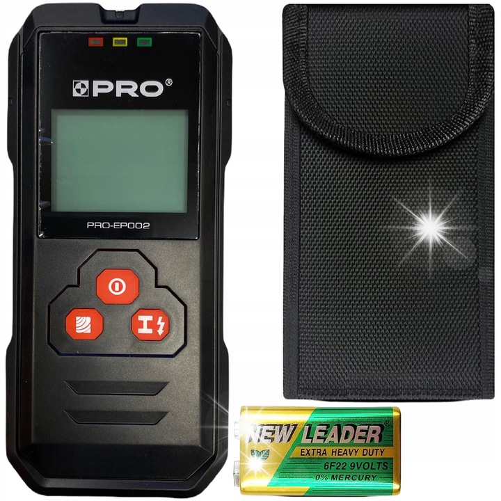 Pro PRO-EP002 fémdetektor, tokkal, 9V tápellátás, méretek 147x68x27mm, fém- és kábelérzékelés