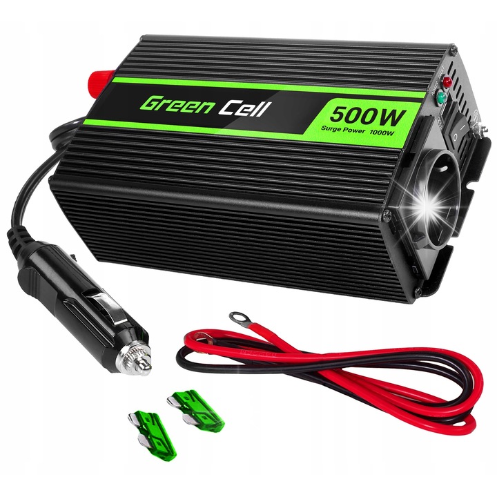 Green Cell 12V-os 230V-os 500W/1000W-os inverter, módosított szinuszhullám, USB port, méretek 189x106x60mm