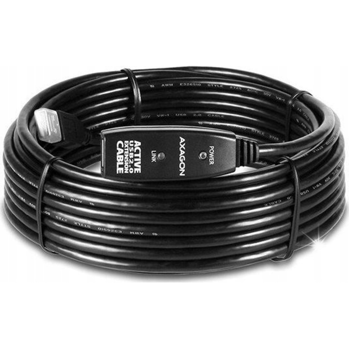 Cablu USB 2.0 AXAGON ADR-210 activ, 10m, negru, cu alimentare suplimentara