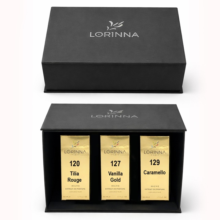 Set parfum Lorinna Paris Tilia Rouge & Vanilla Gold & Caramello, 3 x 50 ml, Cutie cadouri parfum premium