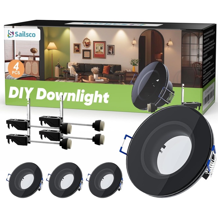 Set 4 Rame pentru Spoturi Incastrabile Tavan, GU10, IP44 Rezistente la Umiditate, Rama Aluminiu Negru cu Sticla, Diametru Decupaj 68-80mm – Iluminat Modern pentru Baie, Bucatarie si Living, Fara Becuri