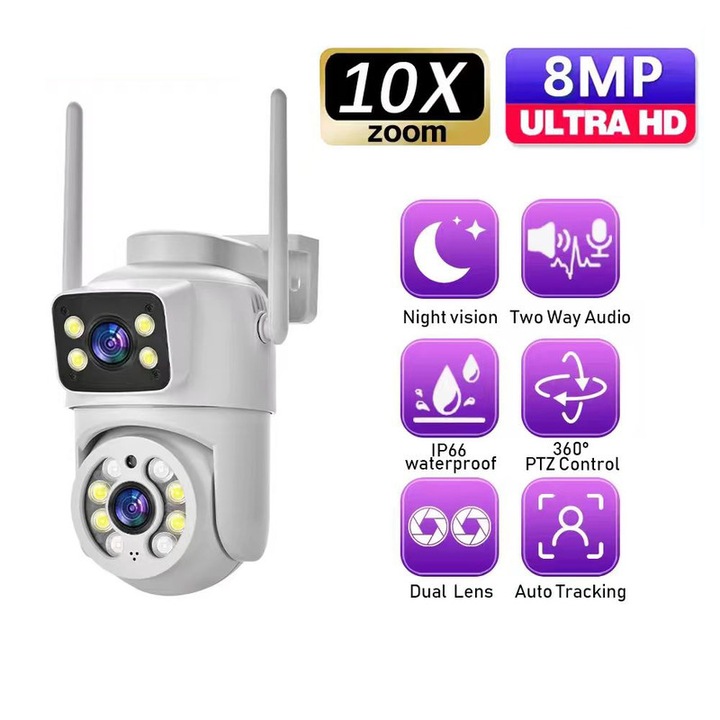 Безжична WiFi камера LLSEE ICSEE 4K 8MP с двоен обектив, 10x цифрово увеличение, CCTV 360, външна камера за наблюдение, CCTV аларма, push известие, интелигентно нощно виждане, IP камера