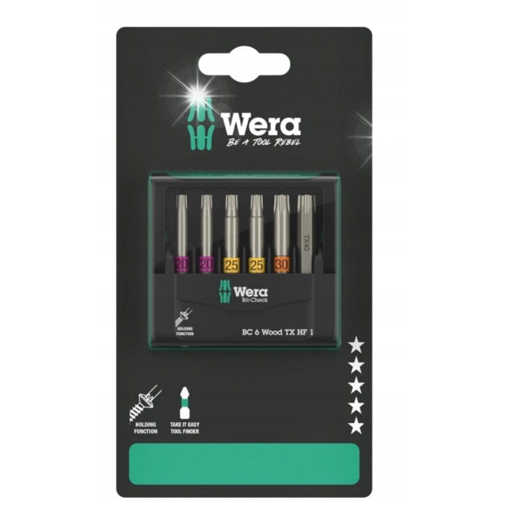 Set de biti Bit-Check 6 Wood TX HF, Wera, 6 bucati, transport usor, acces rapid