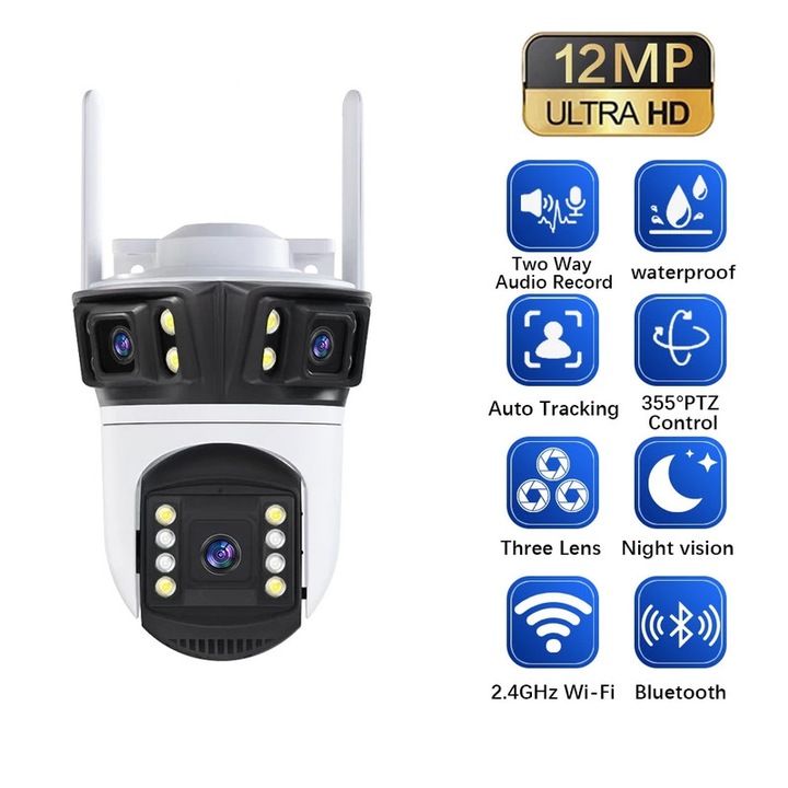 Външна IP камера LLSEE ICSEE 12MP 6K с 3 обектива, безжична WIFI PTZ CCTV, водоустойчива 360, с проследяване на движение и цветно нощно виждане