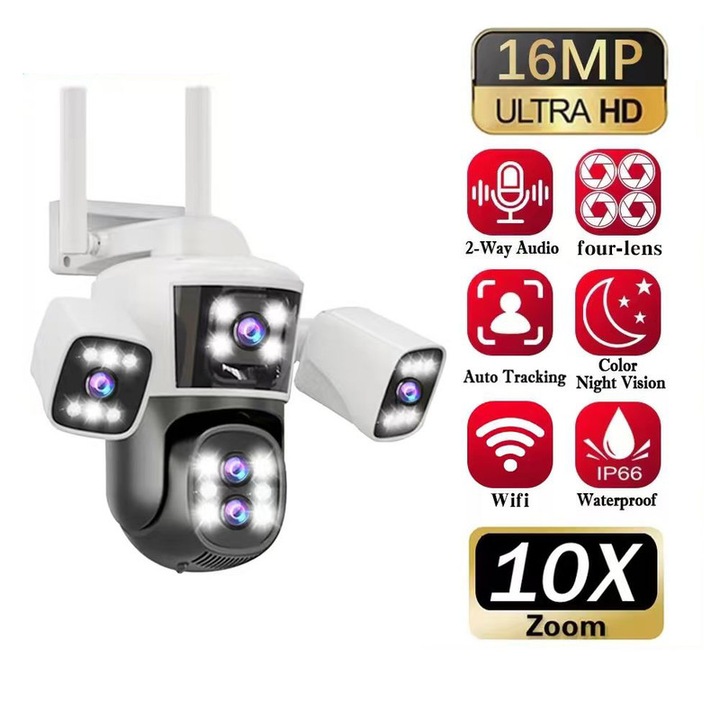 LLSEE 16MP 8K IP kamera 4 lencsével, 10x optikai zoommal, vízálló, kültéri CCTV, WIFI csatlakozás telefonhoz, PTZ vezérlés, 360 fokos intelligens kamera mozgásérzékeléssel