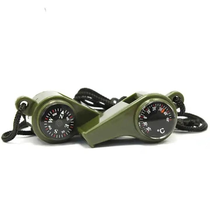 Set 2 fluiere supravietuire 3 in 1 cu busola si termometru, ABS rezistent, cordon inclus, verde 6 cm