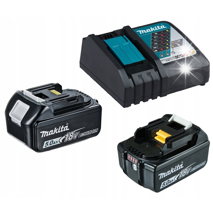 Set de alimentare 2x 5 Ah, Makita, 18V, acumulatori BL1850, incarcator DC18RC, valiza MAKPAC