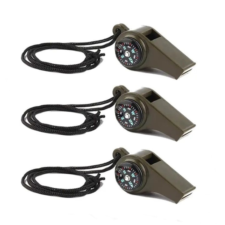 Set 3 fluiere supravietuire 3 in 1 cu busola si termometru, ABS rezistent, cordon inclus, verde 6 cm