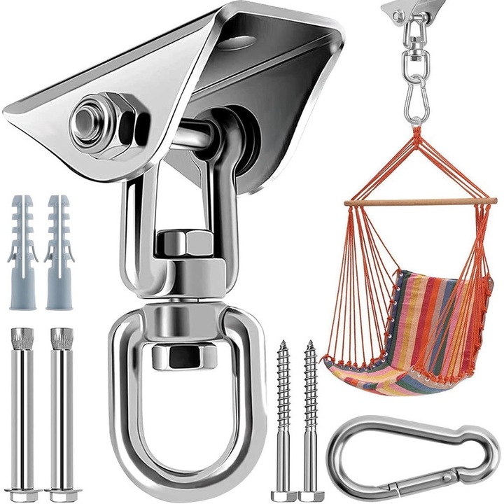 Kit de montare hamac/leagan, Chucai®, Carlige de hamac din otel inoxidabil rezistent, cu incarcare de 450 kg, suport rotativ 360° cu montare pe tavan, pentru trapez, yoga, sac de box, scaun hamac