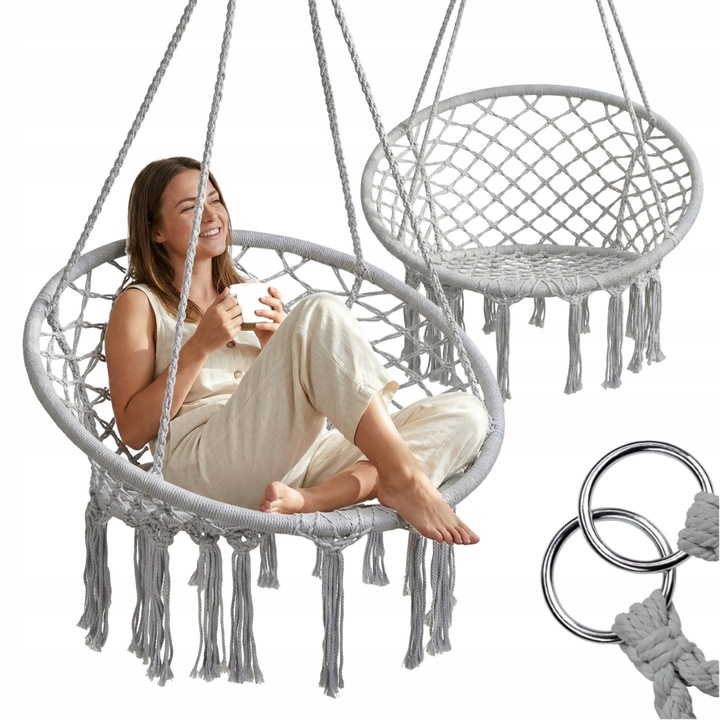 Scaun rotund tip leagan suspendat pentru casa sau gradina, Lewer, 80cm diametru, cu franjuri, 120 kg, gri