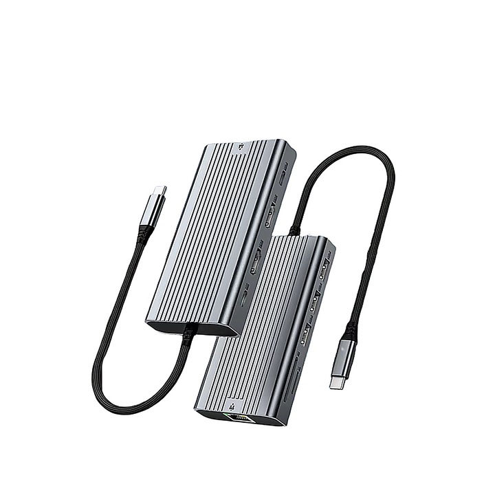 Докинг станция USB-C 10 в 1 DREVOX, Двоен HDMI 4K, PD 100W, USB 10Gbps, Gigabit Ethernet, Четец на карти SD/microSD, Съвместим с Windows/macOS/Linux, Plug & Play, Сив